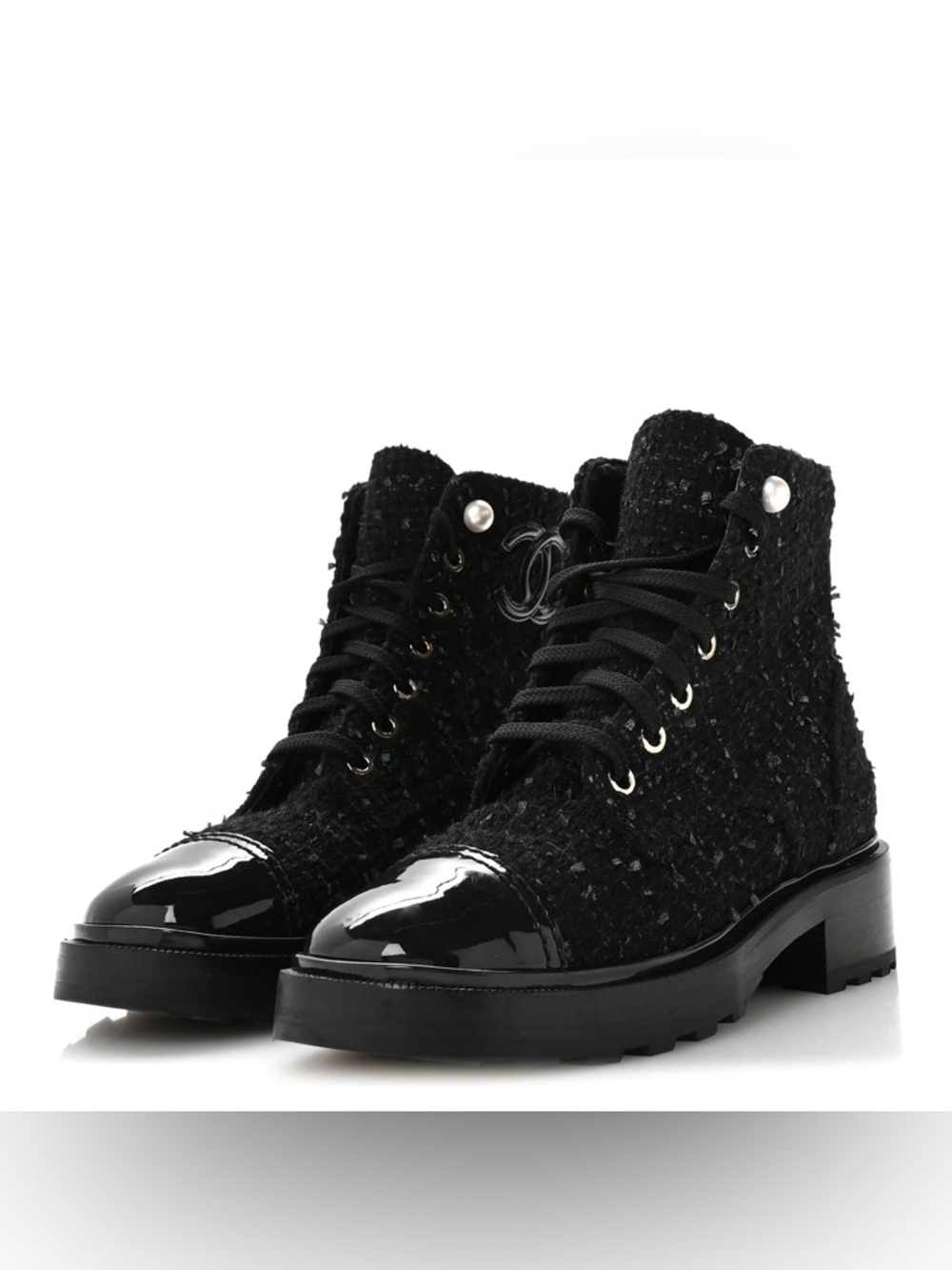 Chanel Tweed Combat Boots with Pearls - Size 37.5